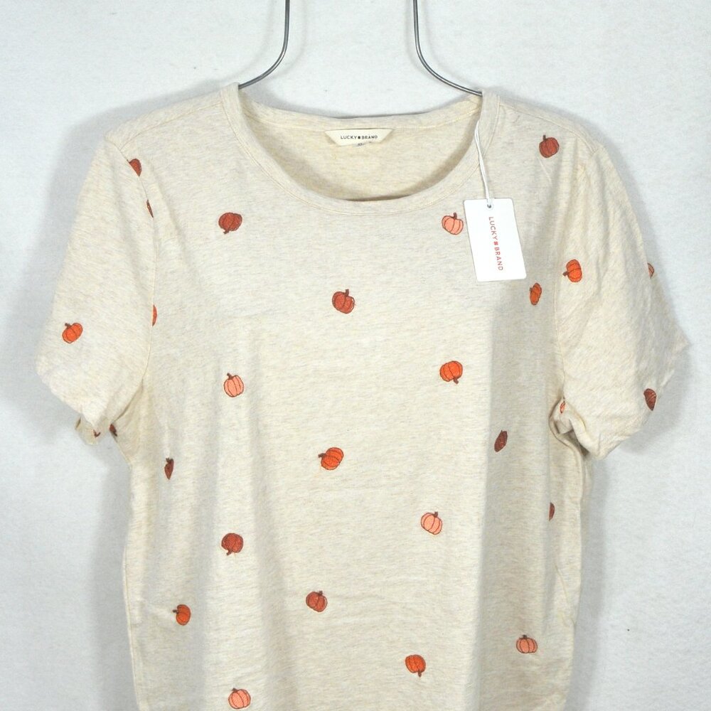 Lucky Brand Women's Blouse XL Fall Orange Embroidered Pumpkins Top Shirt
